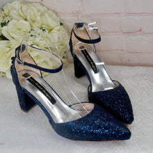 Load image into Gallery viewer, Navy Blue Glitter Bridal Sandals: Cherry Blossom Block Heel Wedding Shoes
