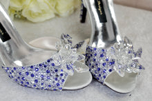 Load image into Gallery viewer, Lilac Crystal Bridal Shoes with Flower Detail | Custom Colour Peep Toe Heels
