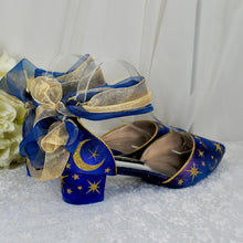 Load image into Gallery viewer, Blue Celestial Wedding Shoes – Galaxy Block Heels with Ankle Ribbons
