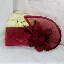 Load image into Gallery viewer, Burgundy Fascinator and Clutch Bag Set: Handmade Satin Wedding Accessory

