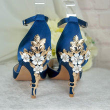 Load image into Gallery viewer, Emerald Green Satin Bridal Sandals: Cherry Blossom Heel, Handmade Wedding Shoes
