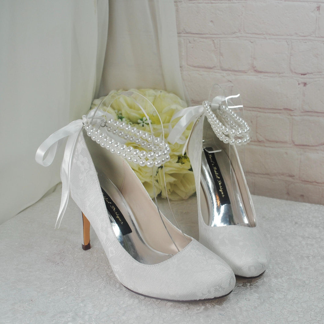 Ivory Lace Bridal Heels: Handmade Wedding Shoes with Pearl Ankle Strap • UK5 / US7.5