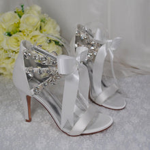 Load image into Gallery viewer, White Wedding Sandals - Handmade Bridal High Heels with Crystal Straps &amp; Ribbon Tie UK4/US6.5

