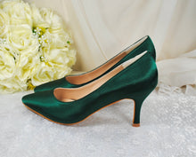 Load image into Gallery viewer, Emerald Green Satin Bridal Shoes: Mid Heel Custom Colour Bridesmaid Heels
