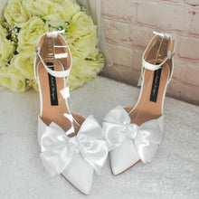Load image into Gallery viewer, Bridal Block Heel Sandals - White Satin Bow, Handmade Comfortable Wedding Shoes UK5 US7.5
