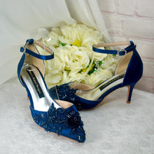 Load image into Gallery viewer, Navy Blue Satin Clutch Bag &amp; Fascinator Matching Set | Bridal Wedding Guest Hat and Bag
