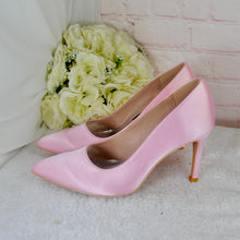 Load image into Gallery viewer, Pink Satin Bridal Set: Heels, Clutch, Fascinator - Handmade Wedding Guest Outfit
