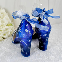 Load image into Gallery viewer, Blue Celestial Wedding Shoes – Galaxy Block Heels with Ankle Ribbons
