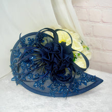 Load image into Gallery viewer, Navy Blue Satin Clutch Bag &amp; Fascinator Matching Set | Bridal Wedding Guest Hat and Bag
