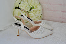 Load image into Gallery viewer, Ivory Shimmer Slingback Heels; 3D Floral Toe Details, Handmade Bridal Shoes, Wedding Heel Size UK5/US7.5

