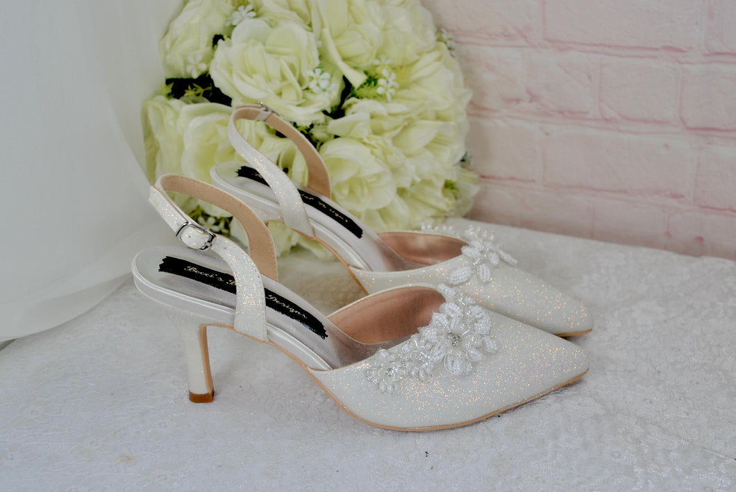 Ivory Shimmer Slingback Heels; 3D Floral Toe Details, Handmade Bridal Shoes, Wedding Heel Size UK5/US7.5