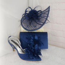 Load image into Gallery viewer, Navy Blue Satin Heel, Clutch &amp; Fascinator Set: Handmade Wedding Guest Outfit
