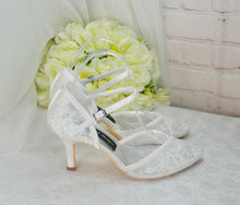 Load image into Gallery viewer, Hand Embroidered Ivory Satin Wedding Sandals: Low Heel, Ankle Strap - UK6/US8.5
