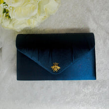 Load image into Gallery viewer, Elegant Navy Satin Clutch: Gold Bee Embellished Wedding Purse
