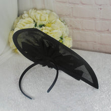 Load image into Gallery viewer, Black Fascinator and Clutch Bag Set: Handmade Bridal Satin Purse &amp; Sinamay Hatinator Set

