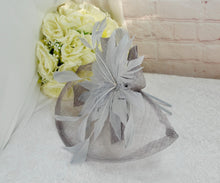 Load image into Gallery viewer, Silver Satin Bridal Set: Heels, Clutch Bag &amp; Fascinator
