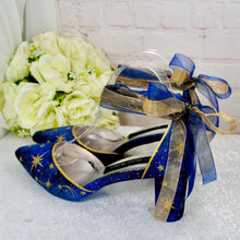 Load image into Gallery viewer, Blue Celestial Wedding Shoes – Galaxy Block Heels with Ankle Ribbons
