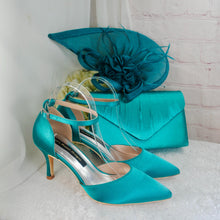 Load image into Gallery viewer, Teal Satin Bridal Set: Handmade Heels, Clutch Bag &amp; Fascinator
