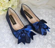 Load image into Gallery viewer, Navy Blue Bridal Flats – Handmade Comfortable Satin Flats with Oversized Satin Bow UK9/US11
