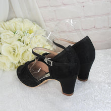 Load image into Gallery viewer, Black Lace Wedding Sandals – Handmade Bridal Block Heels with Adjustable Ankle Strap Size UK5/US7.5
