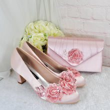 Load image into Gallery viewer, Pink Satin Bridal Block Heels  – Shoes with Embroidered Flower Heels Size  UK8/US10.5

