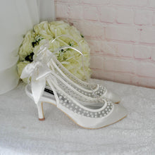 Load image into Gallery viewer, Bridal Slingback Shoes – Satin Bridal Heels with Pearls &amp; Bow Detail, UK6 / US8.5
