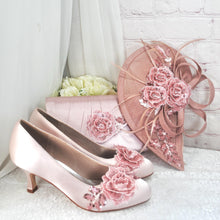 Load image into Gallery viewer, Blush Pink Satin Bridal Shoes, with Sparkling Rose Floral Embroidery, Handmade Heels - UK5/US7.5
