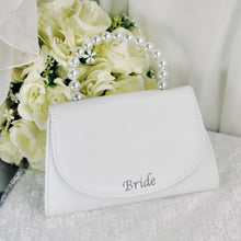 Load image into Gallery viewer, Personalised Bridal Clutch Bag, Ivory Purse with Pearl Handle
