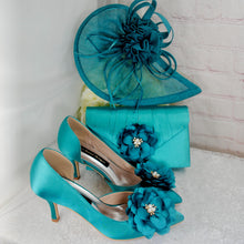 Load image into Gallery viewer, Teal Satin Bridal Set: Handmade Clutch, Fascinator Hat &amp; Heels
