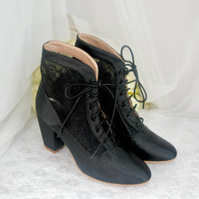 Load image into Gallery viewer, Black Satin Ankle Boots – Handmade Lace Block Heel Vintage Wedding Shoes UK4/US6.5
