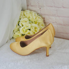 Load image into Gallery viewer, Gold Satin Wedding Heels: Custom Bridal Shoes, Comfortable Mid Heel • Size UK5/US7.5
