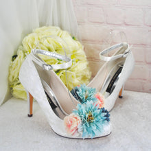 Load image into Gallery viewer, Bridal Lace Heels – White Lace Bridal Shoes with Pearl Strap &amp; Floral Details • UK5/US7.5
