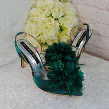 Load image into Gallery viewer, Emerald Green Satin Slingback Heels: Handmade Bridal Shoes Size UK5/US7.5
