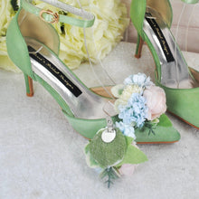 Load image into Gallery viewer, Sage Green Satin Bridal Set: Handmade Clutch, Sandals &amp; Fascinator
