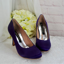 Load image into Gallery viewer, Purple Satin Bridal Shoes - Handmade Round Toe High Heels with Extra Padded Soles • UK4/US6.5
