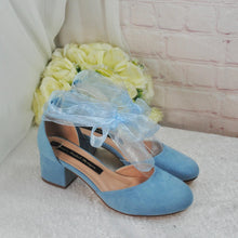 Load image into Gallery viewer, Blue Suede Low Heel Bridal Sandals, Wedding Shoes with Ankle Strap, Bridal Shoes with Block Heel
