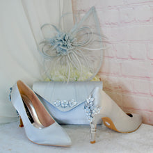 Load image into Gallery viewer, Silver Grey Satin Bridal Shoe Set: Handmade Heels, Clutch &amp; Fascinator
