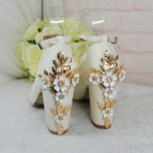 Load image into Gallery viewer, Bridal Block Heel Satin Shoes – Ivory Handmade Wedding Heels 8cm Glitter • UK5/US7.5
