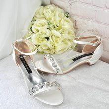 Load image into Gallery viewer, Ivory Satin Wedding Sandals: Low Block Heel Bridal Shoes with Ankle Strap  • UK6/US8.5
