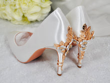 Load image into Gallery viewer, Ivory Satin Bridal Heels: Gold Cherry Blossom Wedding Shoes UK4/US6.5
