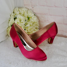 Load image into Gallery viewer, Burgundy Red Satin Block Heels and Clutch Bag Set: Handmade Bridal Shoes
