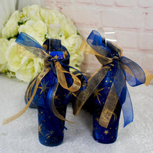 Load image into Gallery viewer, Blue Satin Celestial Wedding Shoes: Hand-Painted Galaxy Bridal Block Heels
