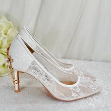 Load image into Gallery viewer, Handmade White Lace Wedding Shoes with Cherry Blossom Heel | Pointed Toe Bridal Heels
