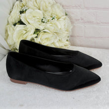 Load image into Gallery viewer, Black Satin Flat Shoes: Pointed Toe Ballet Flats
