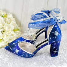 Load image into Gallery viewer, Blue Celestial Wedding Shoes – Galaxy Block Heels with Ankle Ribbons
