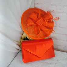 Load image into Gallery viewer, Stunning Orange Bag and Fascinator Hat Bright Orange Matching Bridal Set Hatinator Purse for Wedding Guest Mother of the Bride Groom
