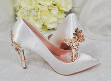 Load image into Gallery viewer, Ivory Satin Bridal Heels: Gold Cherry Blossom Wedding Shoes UK4/US6.5
