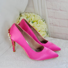 Load image into Gallery viewer, Hot Pink Satin Heels: Golden Cherry Blossom Bridal Shoes

