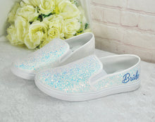 Load image into Gallery viewer, Glitter Wedding Sneakers: Bridal White Iridescent Slip-Ons UK6/US8.5
