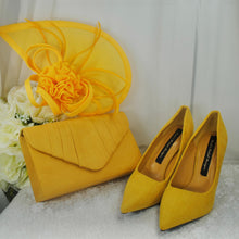 Load image into Gallery viewer, Mustard Yellow Fascinator Hat &amp; Vegan Suede Clutch Bag Set
